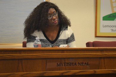 Lemoore citizens look to husband, wife team to provide local leadership Myeisha Neal, at the March 14 Lemoore Elementary School Board meeting.
